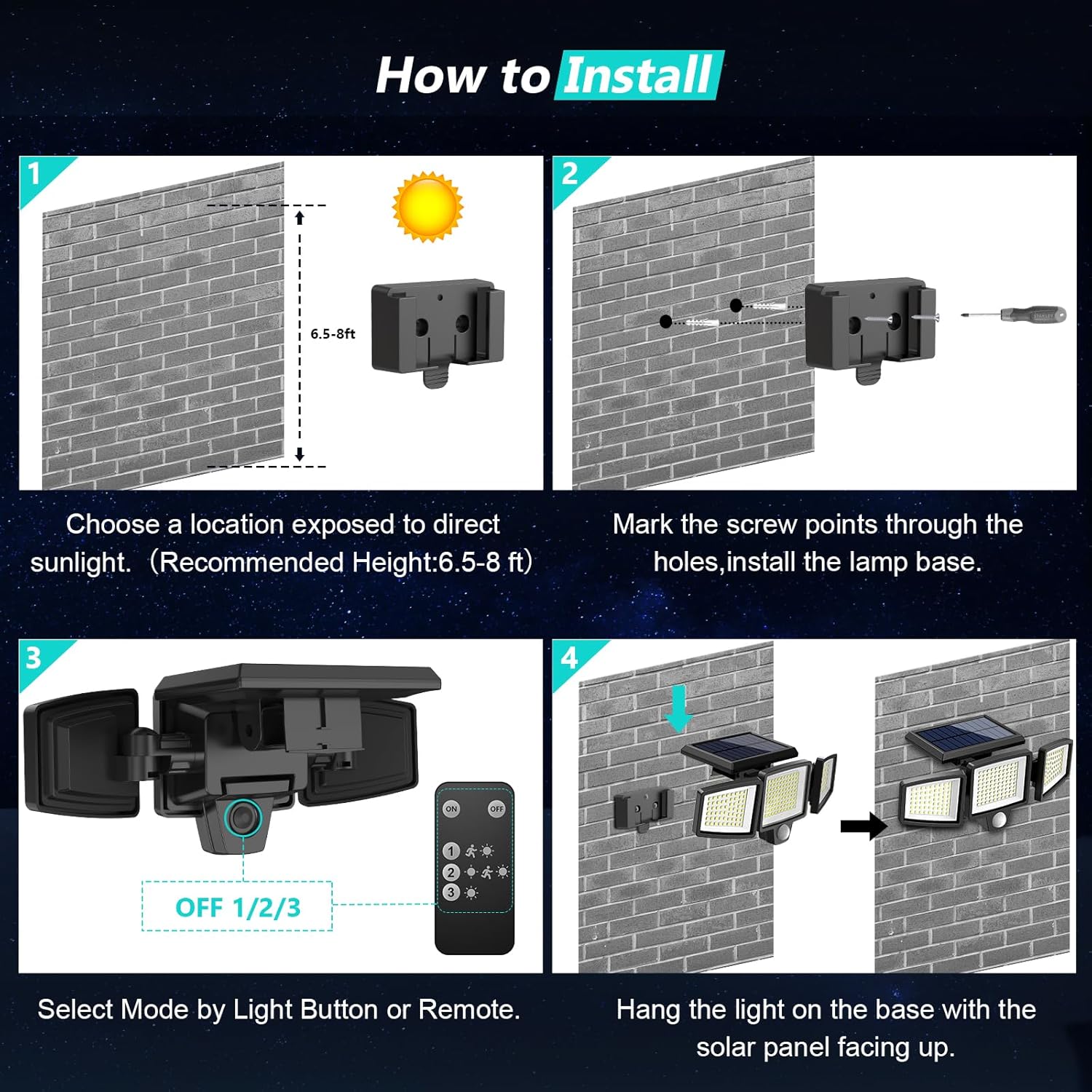 Tuffenough Solar Outdoor Lights 2500LM 210 LED Security Lights with Remote Control,3 Heads Motion Sensor Lights, IP65 Waterproof,270° Wide Angle Flood Wall Lights with 3 Modes(3 Packs) - Image 7