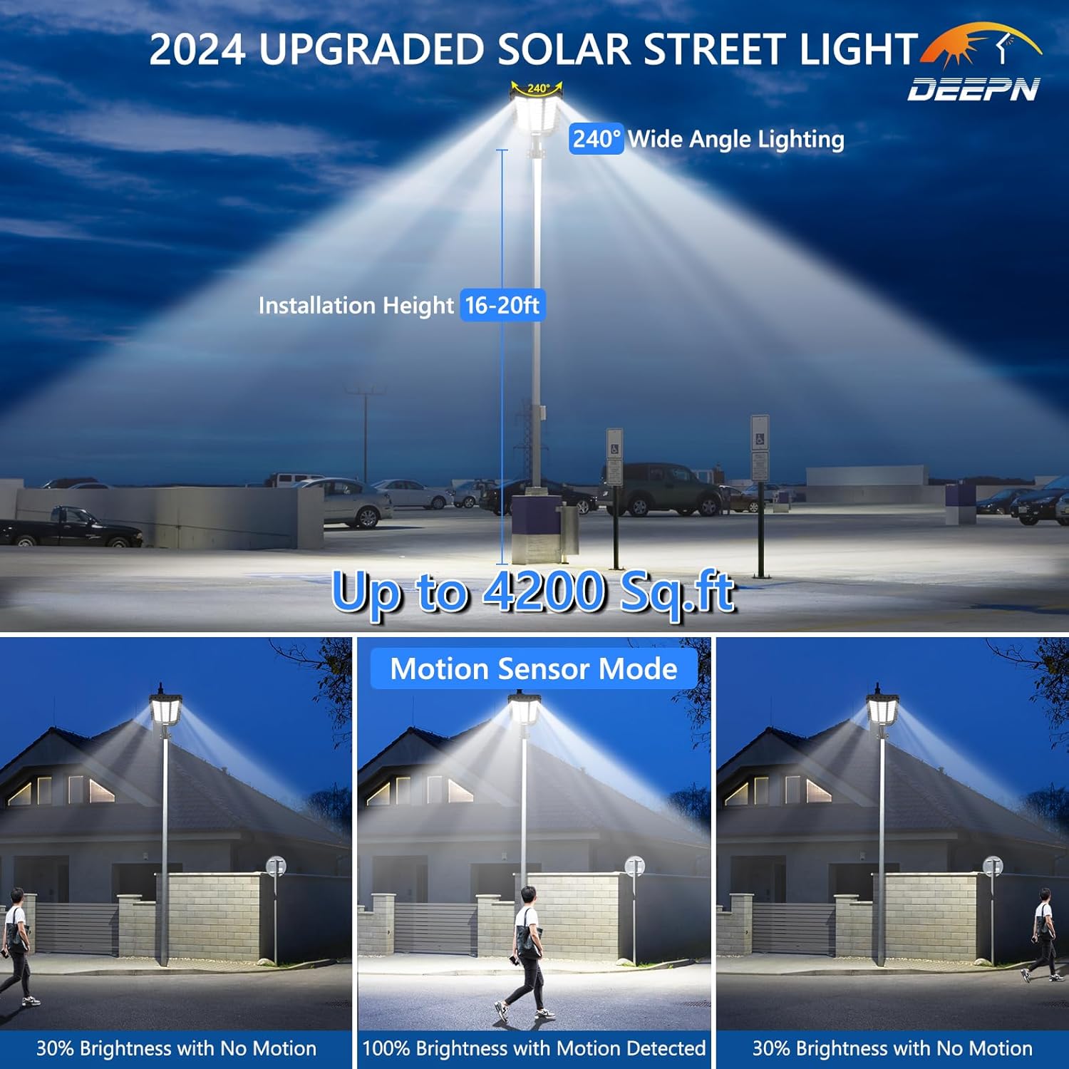 Deepn Solar Street Light, Commercial Grade Solar Lights Outdoor IP67 Waterproof, 8700W LED Flood Security Lights Motion Sensor & Dusk to Dawn Outdoor Lighting for Parking Lots, Streets & Yard, 2 Pack - Image 2
