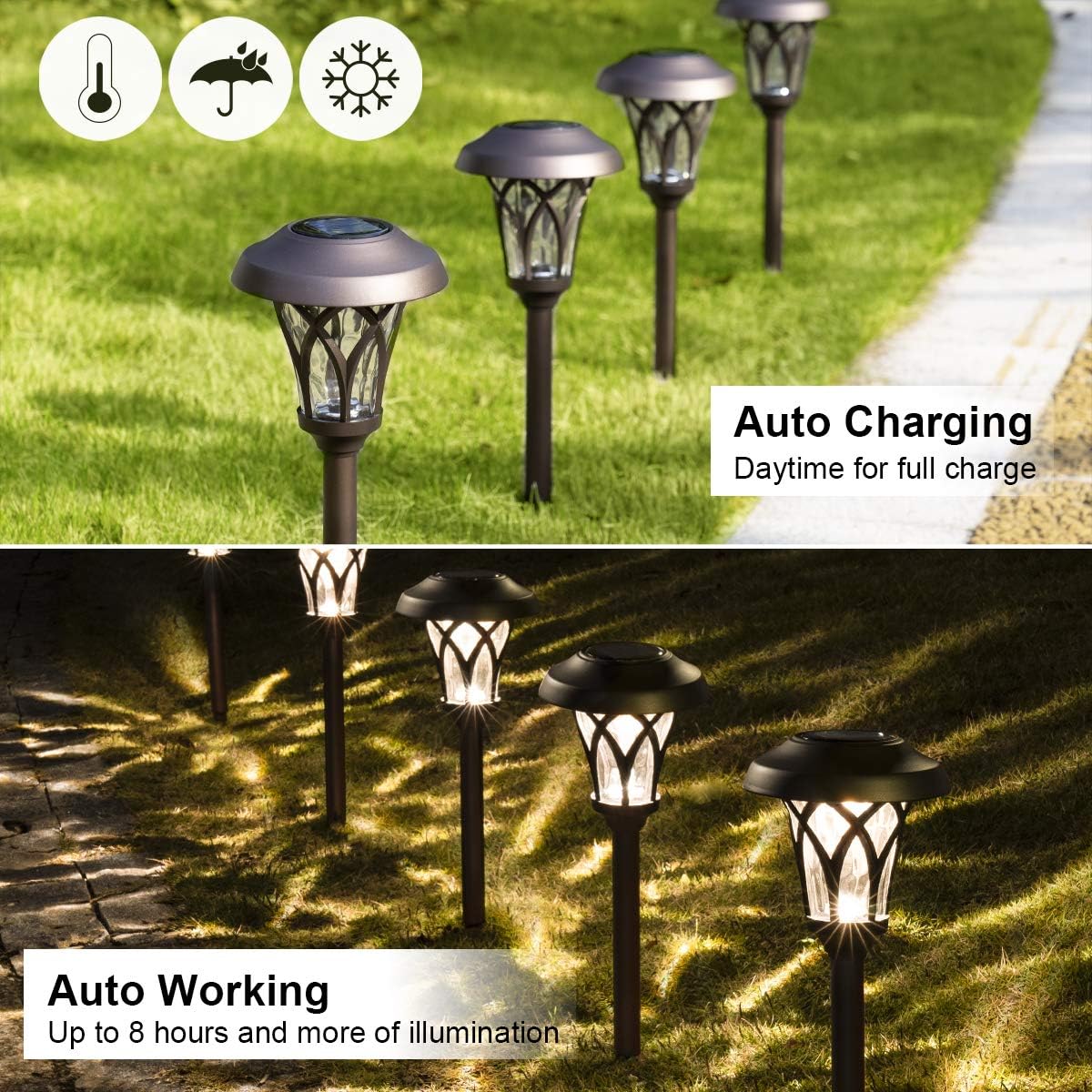 GIGALUMI 6 Pack, Solar Landscape Lights Warm White, Super Bright High Lumen Waterproof Metal Automatic Solar Pathway Yard Lights for Path, Garden, Lawn, Patio and Walkway - Image 8