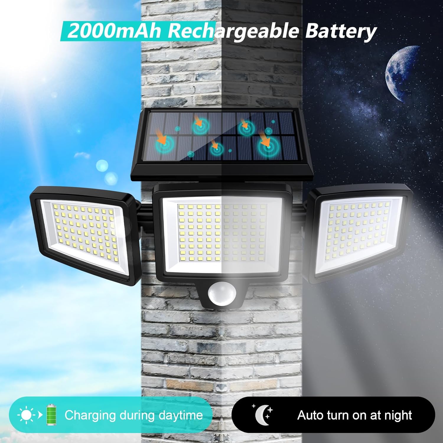 Tuffenough Solar Outdoor Lights 2500LM 210 LED Security Lights with Remote Control,3 Heads Motion Sensor Lights, IP65 Waterproof,270° Wide Angle Flood Wall Lights with 3 Modes(3 Packs) - Image 3