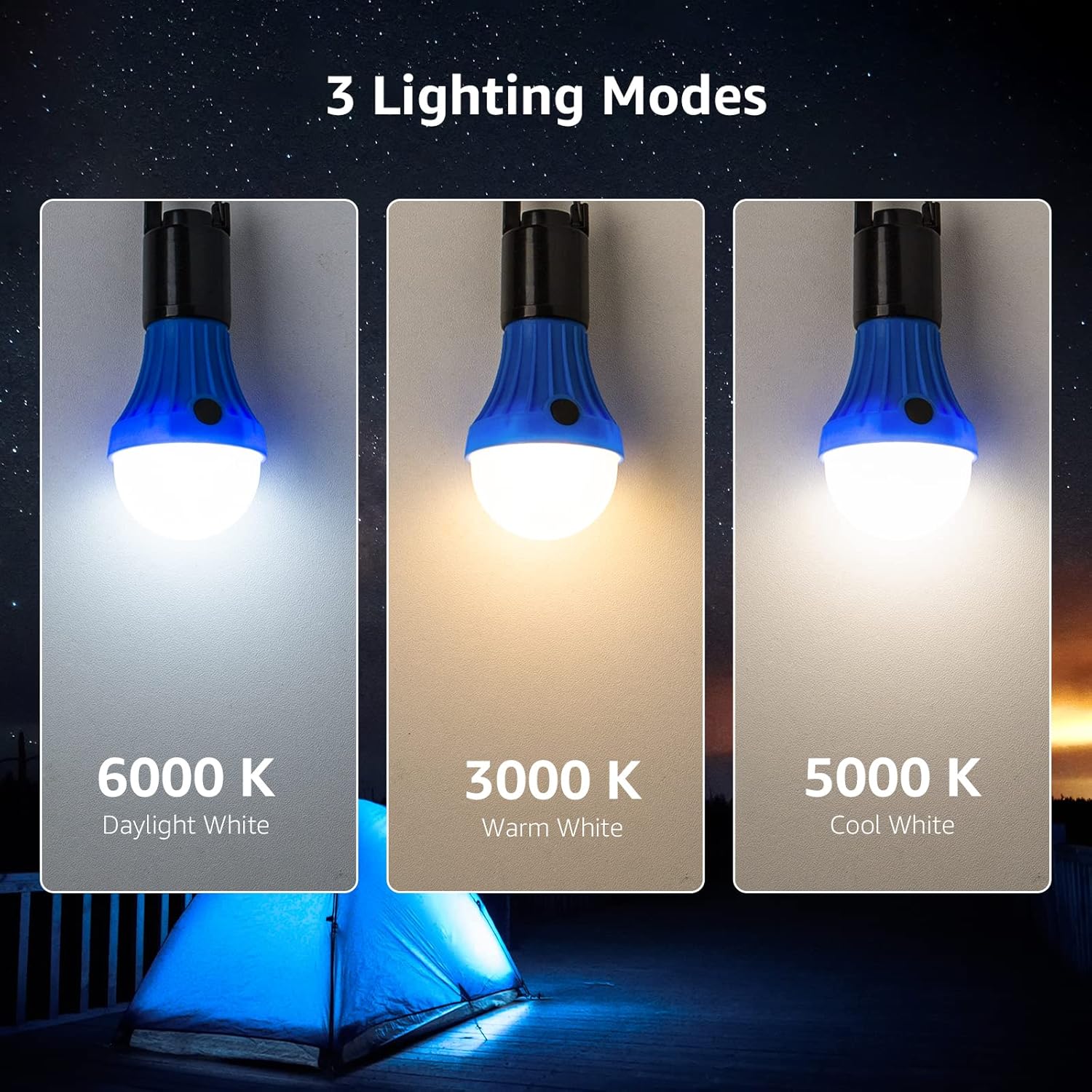 Lepro LED Camping Lantern, Camping Essentials, 3 Lighting Modes, Hanging Tent Light Bulbs with Clip Hook for Camping, Hiking, Hurricane, Storms, Outages, Collapsible, Batteries Included, 4 Packs - Image 2