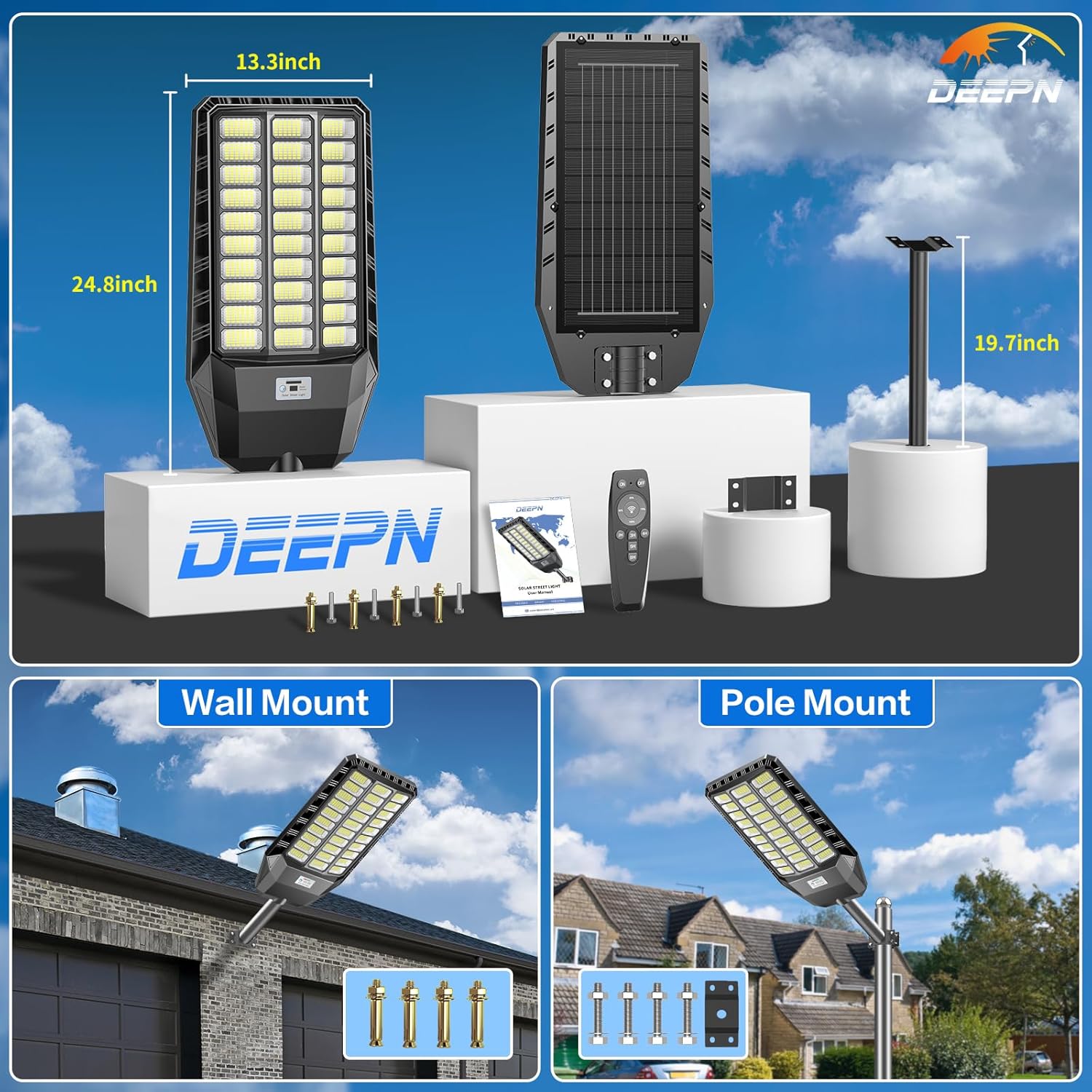 Deepn Solar Street Light, Commercial Grade Solar Lights Outdoor IP67 Waterproof, 8700W LED Flood Security Lights Motion Sensor & Dusk to Dawn Outdoor Lighting for Parking Lots, Streets & Yard, 2 Pack - Image 6