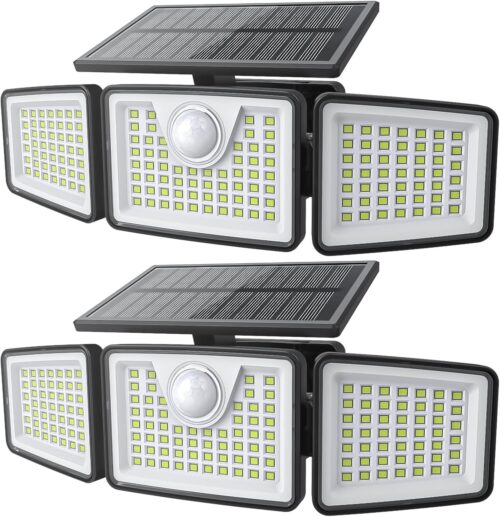 2500LM Solar Lights Outdoor with Motion Sensor,3 Head 270° Wide Angle Street Area Lights, IP65 Waterproof Security Lighting with 3 Modes(Non-Remote,2 Pcs)