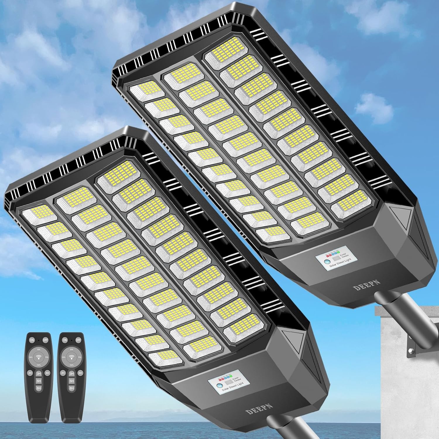 Deepn Solar Street Light, Commercial Grade Solar Lights Outdoor IP67 Waterproof, 8700W LED Flood Security Lights Motion Sensor & Dusk to Dawn Outdoor Lighting for Parking Lots, Streets & Yard, 2 Pack